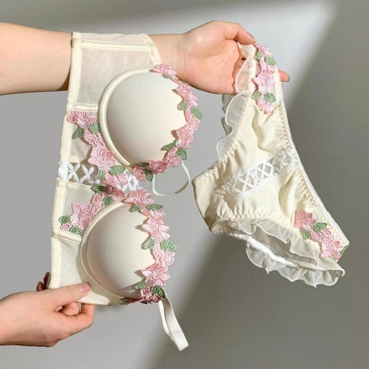 Floral Embroidered Mesh Lingerie Set – Bra & Panty Duo