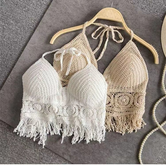 Boho Crochet Halter Top – Handmade Knit Bralette with Fringe Hem