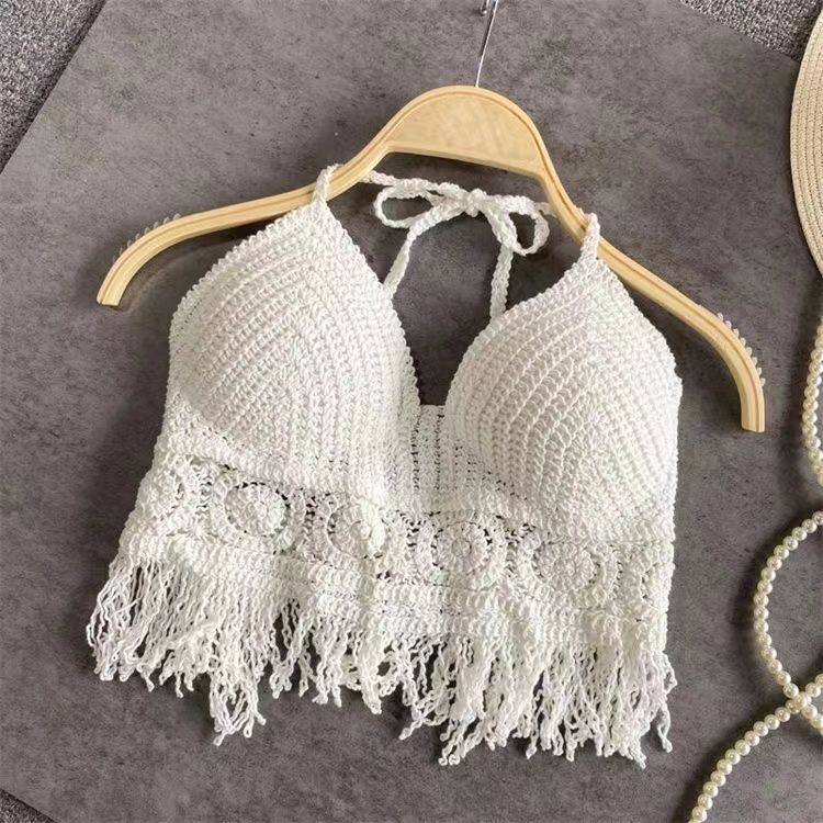 Boho Crochet Halter Top – Handmade Knit Bralette with Fringe Hem