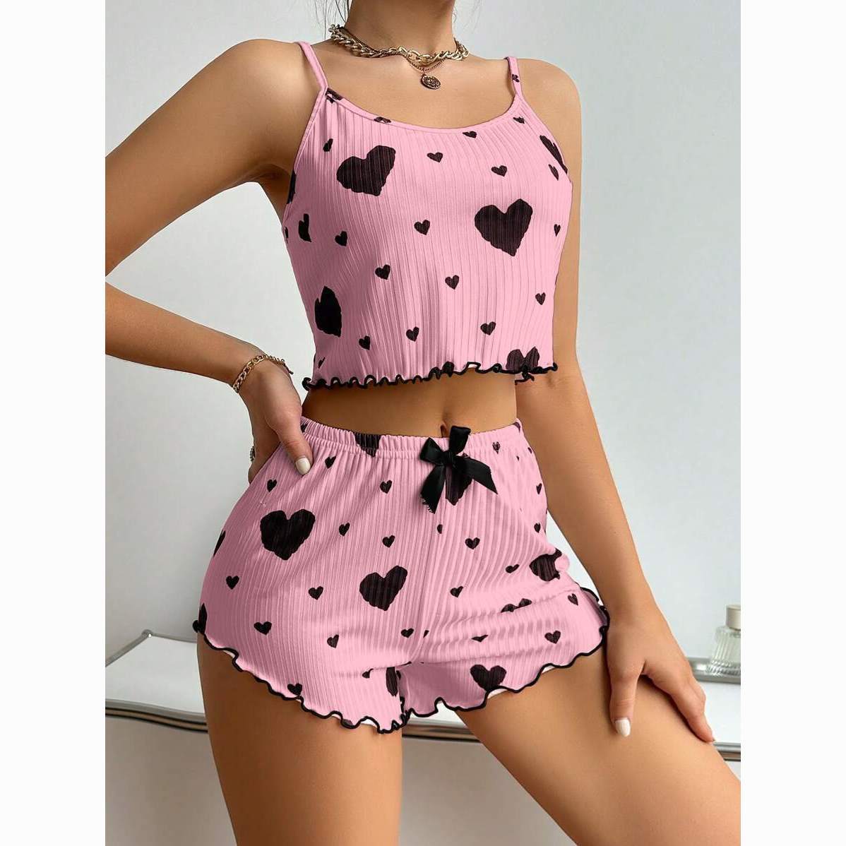 Sweetheart Printed Sleeveless Crop Top and Shorts nightewear for Women
