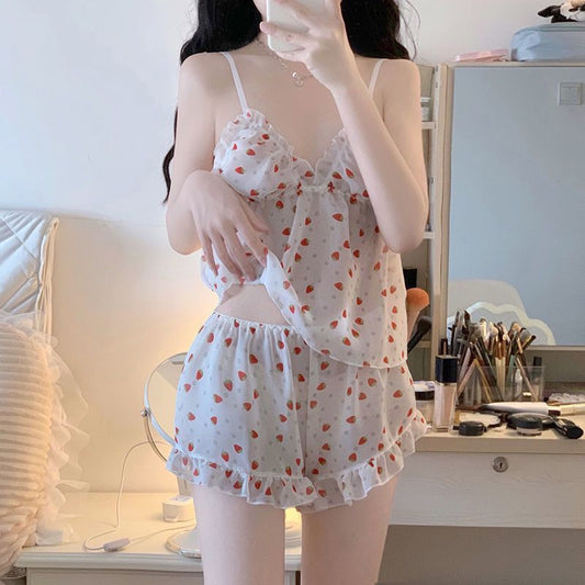 Sweet Strawberry Ruffle Nightwear Set – Playful, Light, and Adorable
