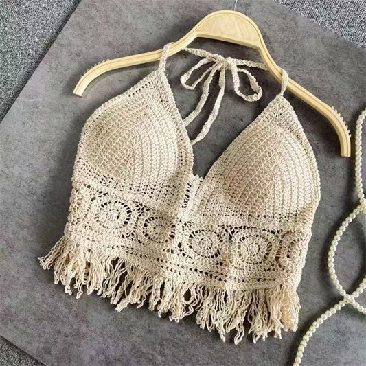 Boho Crochet Halter Top – Handmade Knit Bralette with Fringe Hem