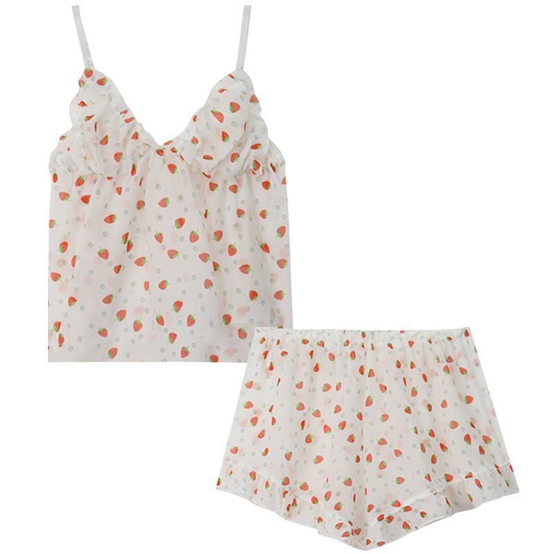 Sweet Strawberry Ruffle Nightwear Set – Playful, Light, and Adorable