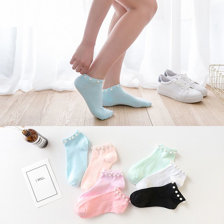 Elegant Pearl Ankle Socks – 6 Pairs of Style and Comfort