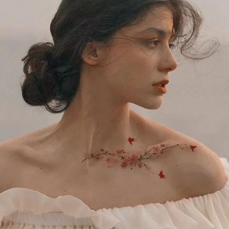 Cherry Blossom & Red Butterfly Temporary Tattoo