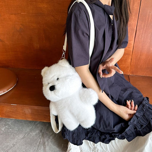 Fluffy White Teddy Bear Crossbody Bag
