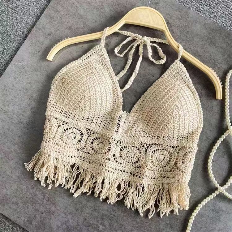 Boho Crochet Halter Top – Handmade Knit Bralette with Fringe Hem