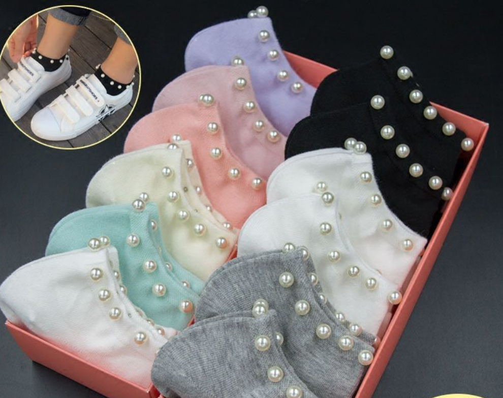 Elegant Pearl Ankle Socks – 6 Pairs of Style and Comfort